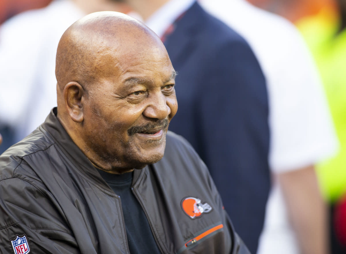 Browns Hall of Fame running back Jim Brown smiles on the sidelines before a 2019 game against the Rams.